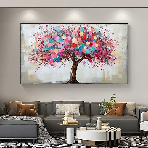 Handgemaltes, farbenfrohes, abstraktes Baumbild auf Leinwand, 3D-strukturierte Baumbilder, handgefertigte Regenbogenblütenbaum-Wandkunst, helles und fröhliches Kunstwerk, große Wohnzimmerdekoration Image