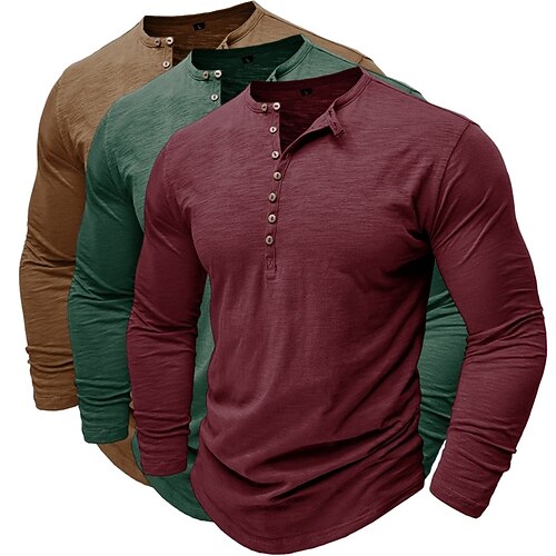 3er-Pack Henley-Shirts für Herren, langärmlig, einfarbig, modisch, lässig, für Alltag und Freizeit, 3er-Pack, Henley-Shirts in Blau, Weiß und Schwarz, ideal für Sommer und Frühling, Image