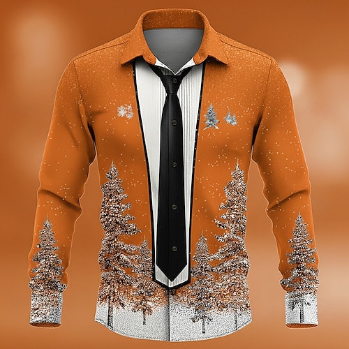 Weihnachten Herren Weihnachtskostüm Falsches Kragen- und Anzugdesign Smokinghemd mit Anzugkrawatte und Aufdruck Hemd Knopfhemd Langarm Lustig Outdoor Ferien Frühling Herbst Umlegekragen 3D-Druck Image