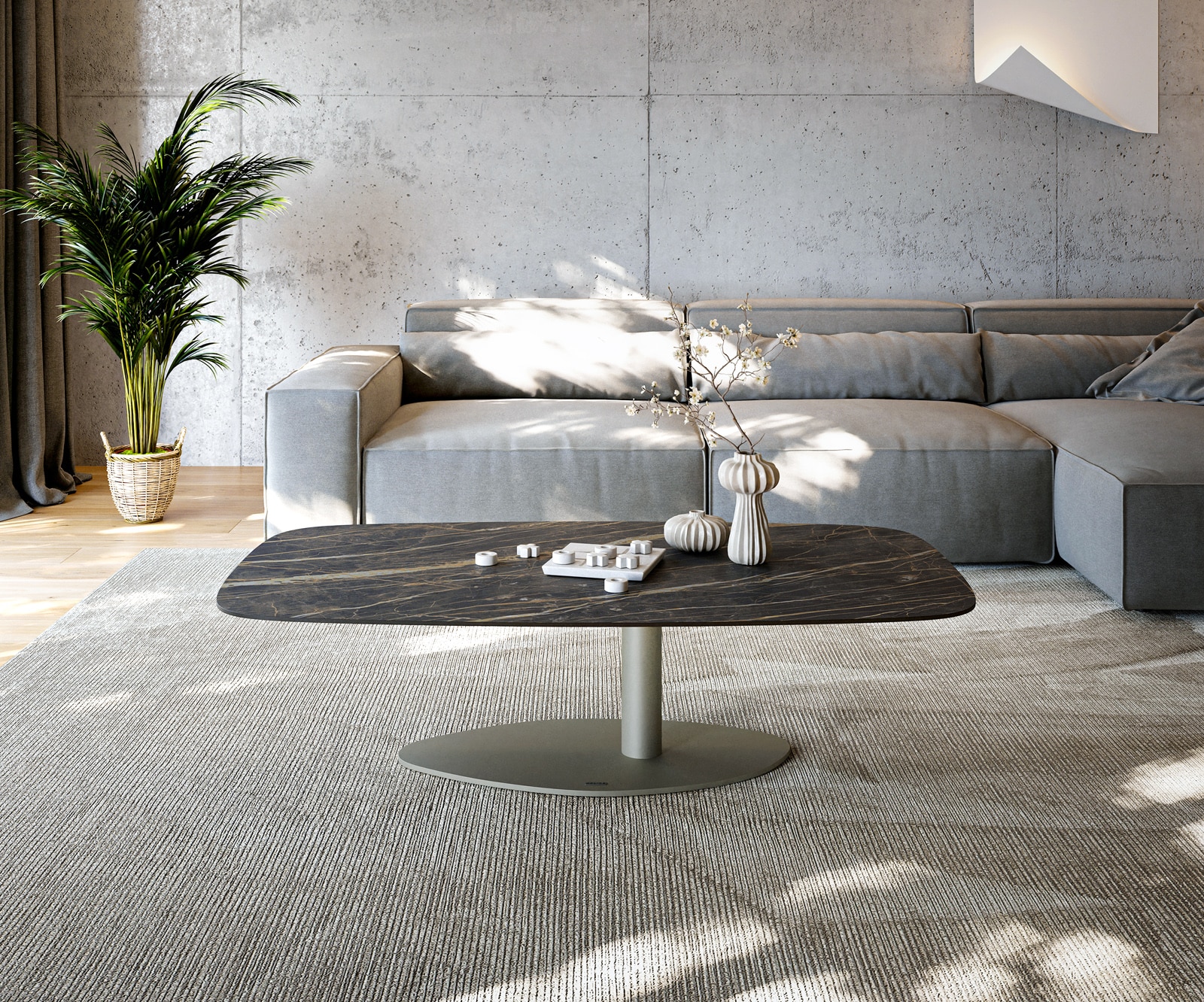 DELIFE Couchtisch Edge Boot 140x80 cm Keramik Laminam® Noir Desir Braun Vibany Metall Effektfinish Titan, Couchtische Image