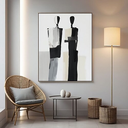 handbemalt schwarz abstraktes, figuratives Ölgemälde in Weiß, originelles minimalistisches Linienpaar-Wandbild auf Leinwand, moderne Wohnzimmerdekoration, Geschenk Image