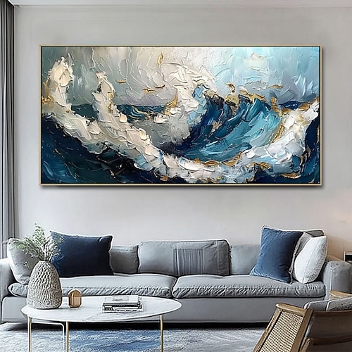Handgemaltes Ölgemälde auf Leinwand, moderne abstrakte Wanddekoration, mit dem Spachtel gezeichnete blaue Meereswellenlandschaft, gerollt, rahmenlos, ungespannt, ungerahmt Image