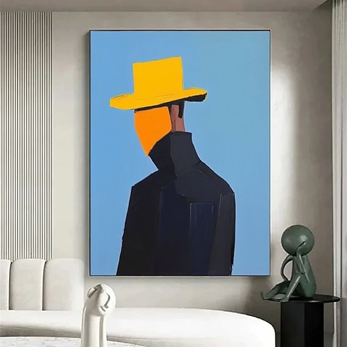 Handgemaltes abstraktes Gemälde eines Mannes mit Hut, Einzugsgeschenk, großes Wandbild, Illustration auf Leinwand, Leinwandgemälde Image