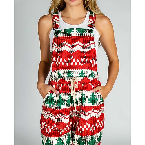 Damen Normal Overall Aktiv Grafik Ärmellos Quadrathals Tasche Druck Weihnachten Urlaub Normale Passform Blau Weiß Hellgrün Herbst Image