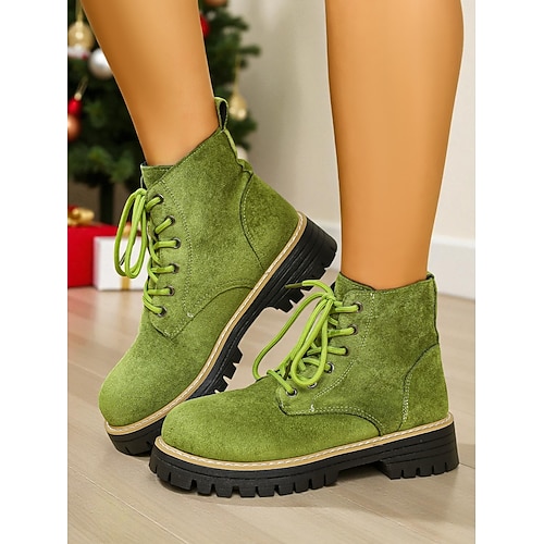Grüne Schnürstiefeletten für Damen – trendiger Winterstil, ideal für Weihnachtsfeiern, Outdoor-Aktivitäten und den Alltag Image