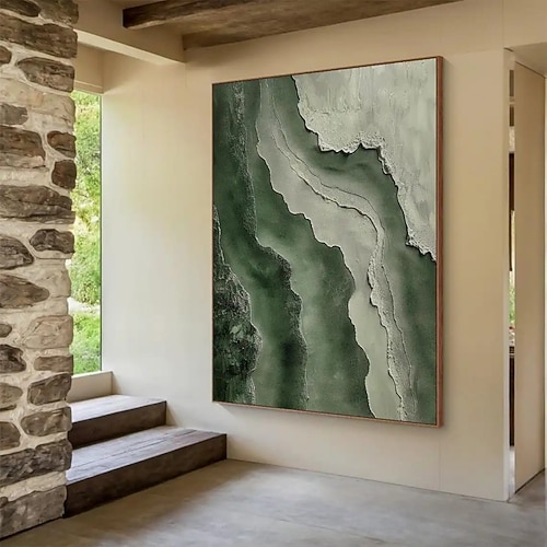 Handgemaltes Ölgemälde auf Leinwand, abstrakte grüne Textur, Wanddekoration für Zuhause, Sofa, Hintergrund, Eingangsbereich, Dekoration, auf Keilrahmen gespannt / gerollt, rahmenlos, ungespannt Image