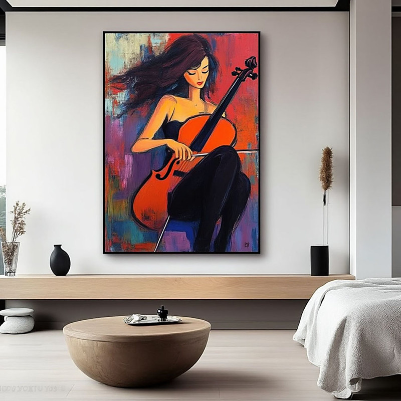 Handmade paino oil painting handmade Woman Playing Cello Canvas Painting Elegant Music art work paintings Wall Art Abstract Female Musician Decor Living Room Decor Art Gift Idea