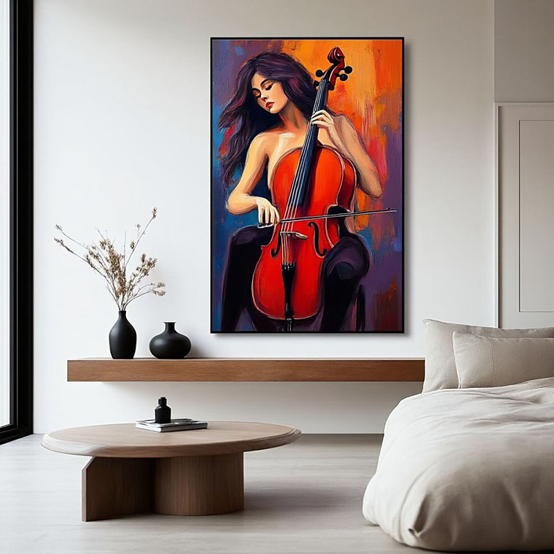 Handmade paino oil painting handmade Woman Playing Cello Canvas Painting Elegant Music art work paintings Wall Art Abstract Female Musician Decor Living Room Decor Art Gift Idea