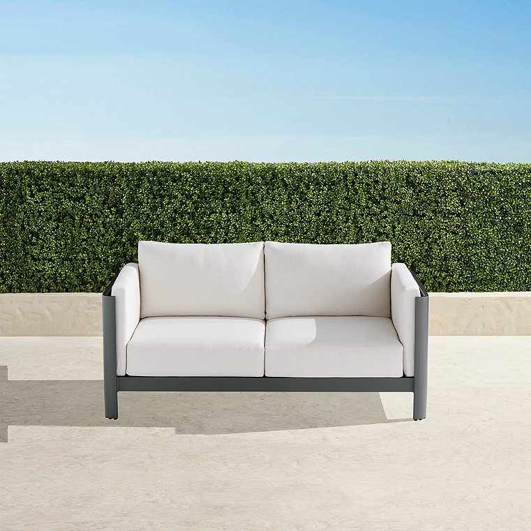 Azores Loveseat with Cushions in Matte Black Aluminum - Botanic Bliss Glacier - Frontgate
