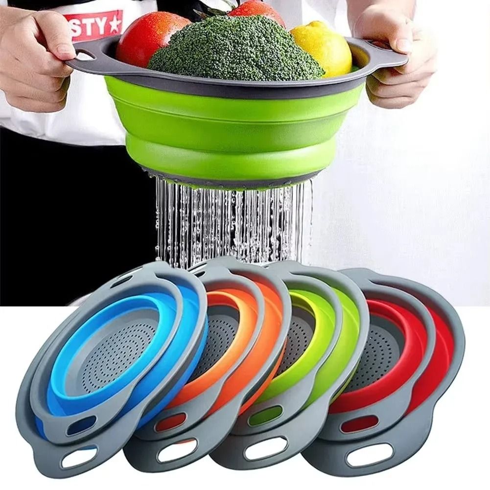 Silicone Folding Drain Basket Fruit Vegetable Washing Basket Collapsible Drainer Kitchen Storage Tool l orange