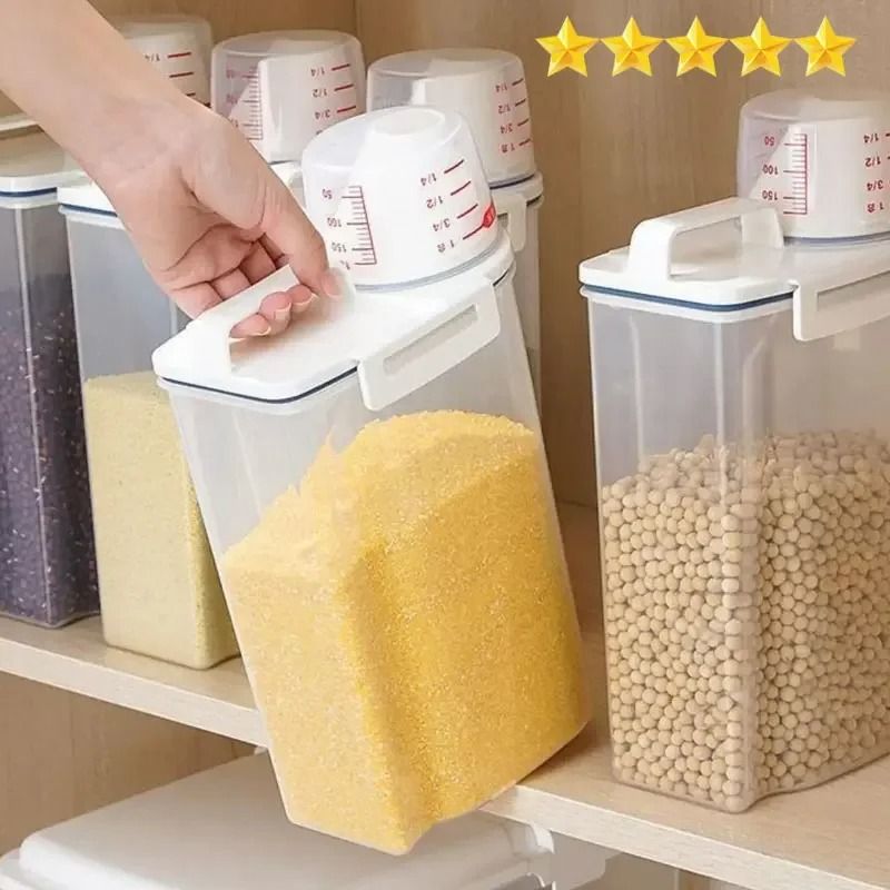 Rice And Grains Food Storage Canister With Measuring Cup Lid Rice And Grains Food Storage Canister With Measuring Cup Lid