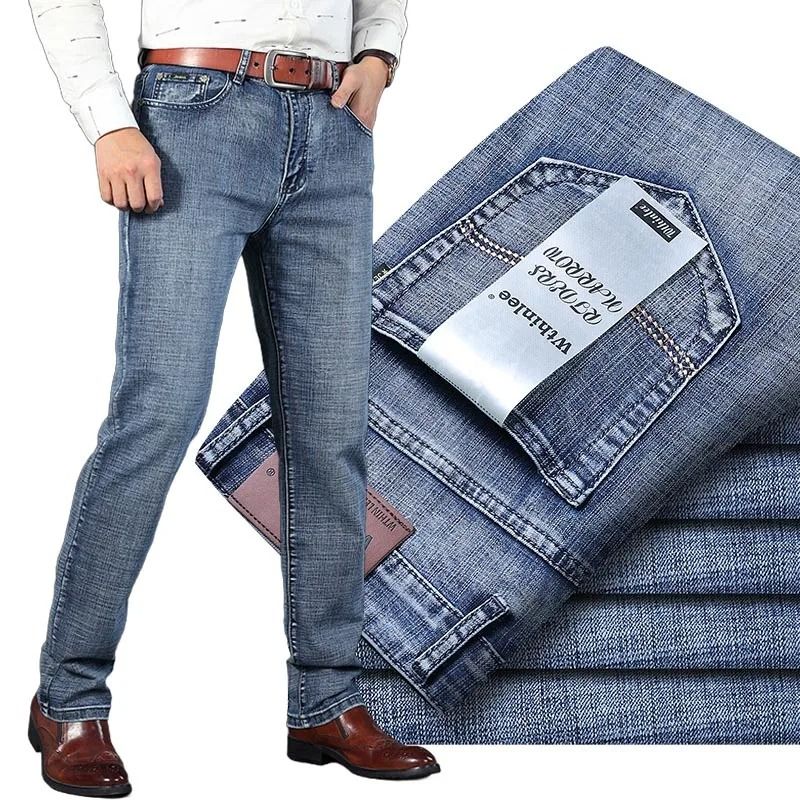 Men High Quality Business Casual Jeans Classic Straight Fit Denim Pants 30 black Gray