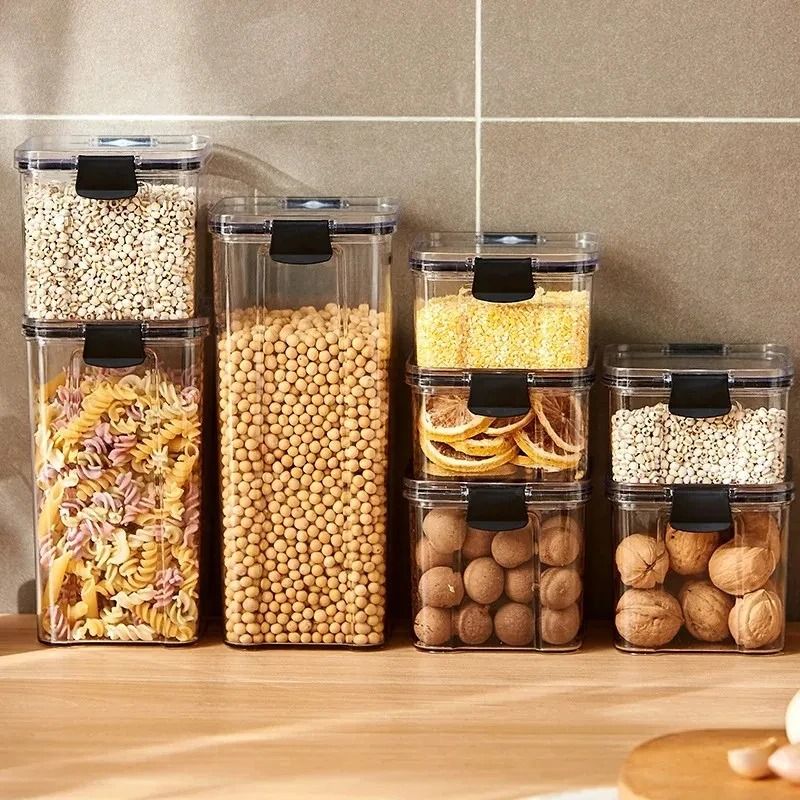 High Quality Sealed Jar Food Storage Box Transparent Plastic Kitchen Organizer black 950 Ml 2 Pcs