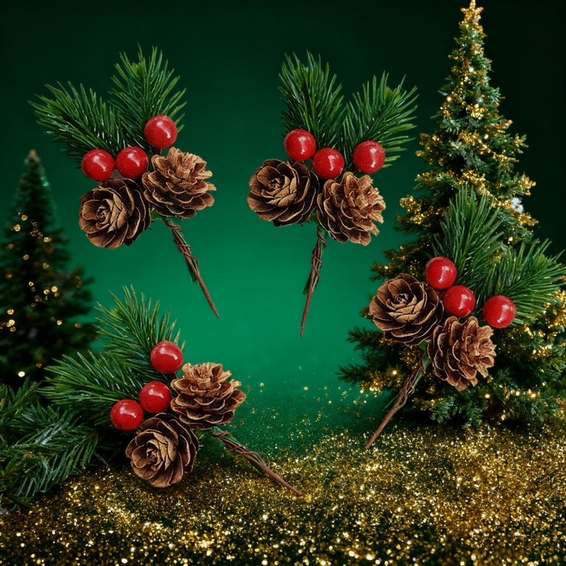Simulation Flower Pine Tree, Christmas Pine Needle Box, Branches With Pine Cones, Packaging Gift Decor single Fruit 20pcs