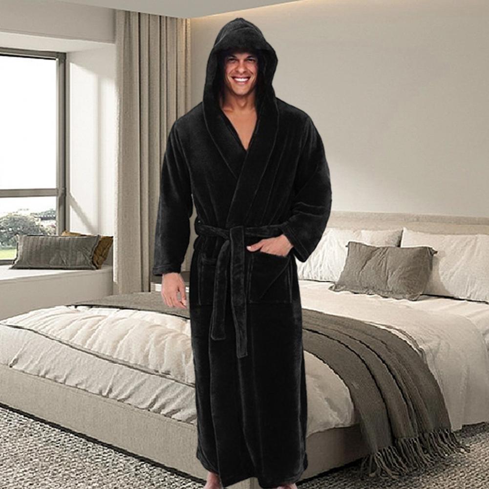 Men's Hooded Bathrobe, Soft Fluffy Robe, Long Quick Dry Sleepwear, Home Gown black l
