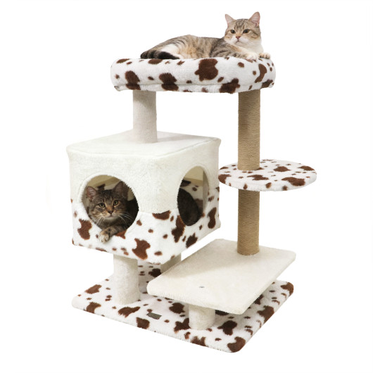 Costway Modern Cat Tree Indoor Cat Tower with Wide Upholstered Perch and 2-Entrance Cat Condo-White