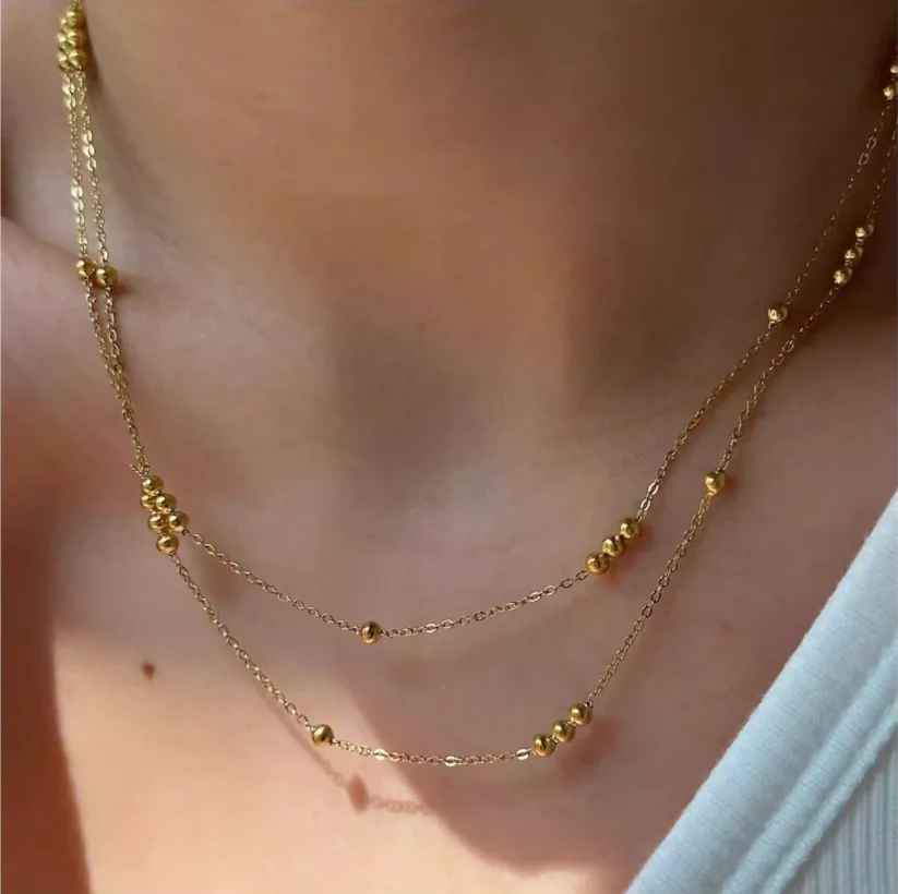Leichte, luxuriöse, wasserdichte Edelstahl-PVD-vergoldete Doppelketten-Halskette, hochwertiger goldener Modeschmuck, Geschenk für Frauen Image