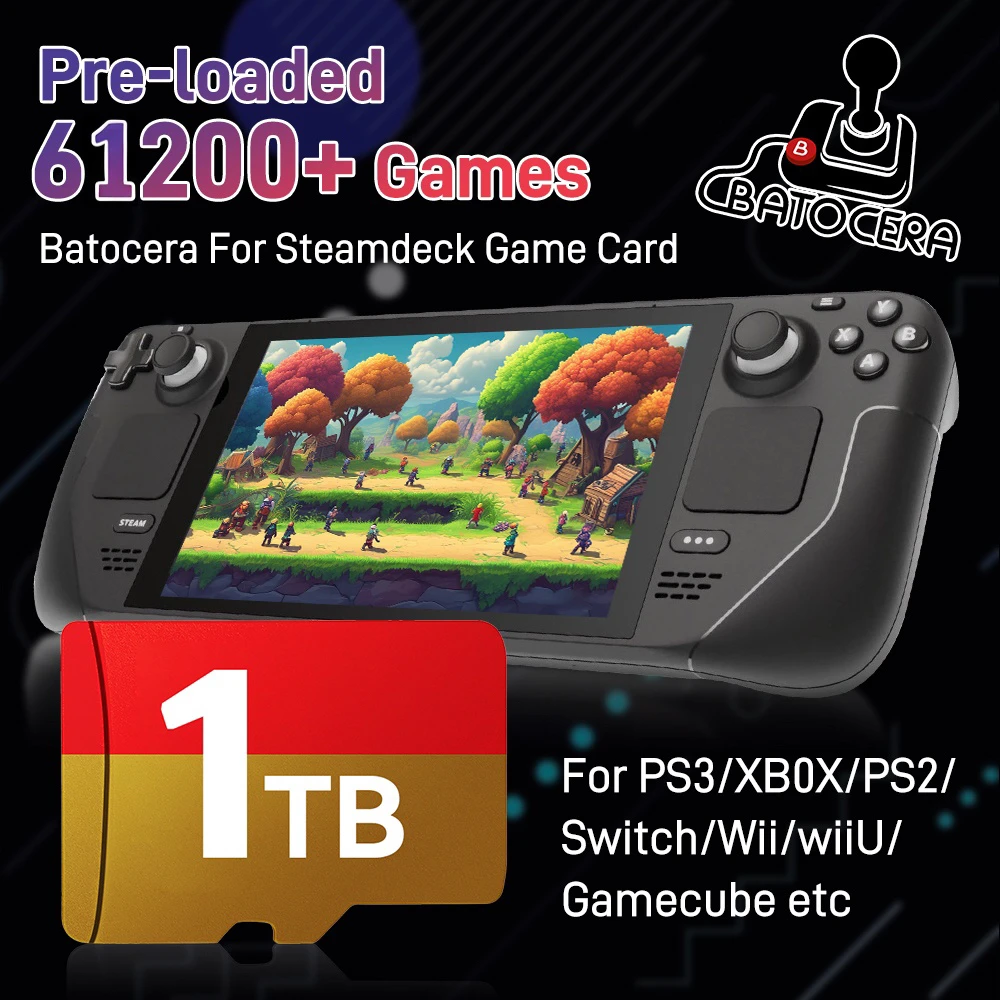 Steam Deck Micro SD-Karte Retro Gaming TF-Karte mit 65200+Spielen&70+Emulators für Steam Deck/Wins Handheld/PC für PS3/PS2/PSP/MAME