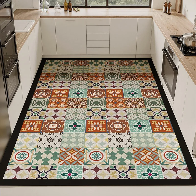Kitchen Carpet Large Size Pvc Leather Anti-slip Floor Mat Waterproof Carpets Retro Home Decoration Rug Alfombra De Cocina