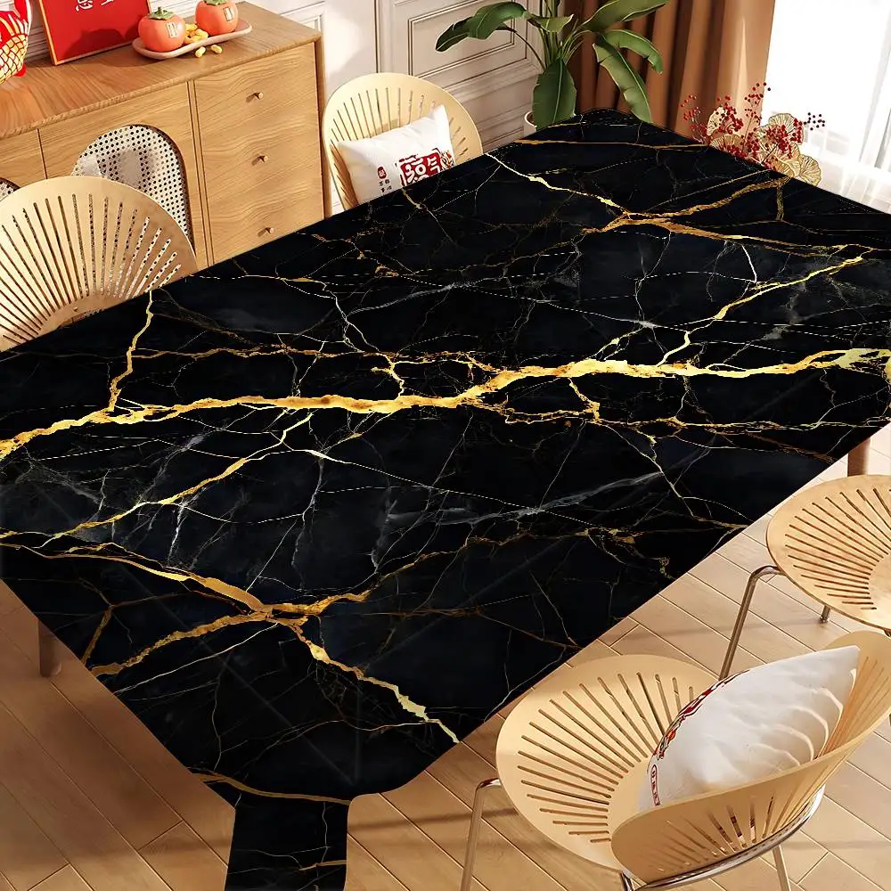 Schwarzgold-Marmor-Tischdecke, wasserdicht, ölbeständig, schmutzabweisend, abwischbarer rechteckiger Tisch Image