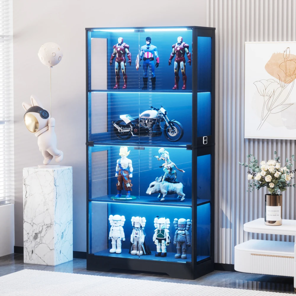 Vierstöckige Glasvitrine mit Stauraum, LED-Beleuchtung, Glastüren und intelligenten Sensoren, staubdichte Glasvitrine