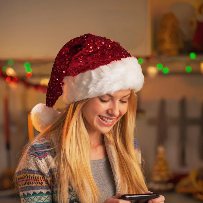 Glitzernde Weihnachtsmannmütze, glitzernde, verdickte Samt-Pailletten, Neujahrs-Weihnachtsmütze, Unisex, weiche Glitzer-Weihnachtsmütze Image