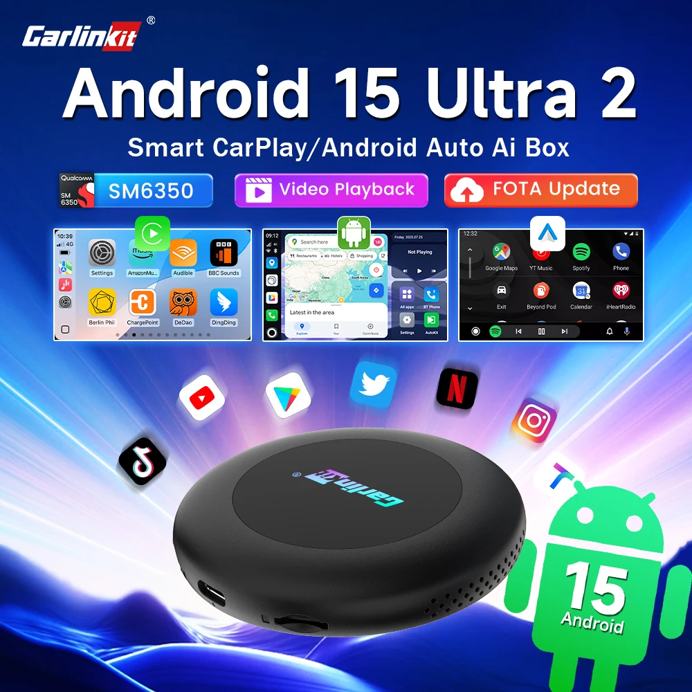 CarlinKit 3 In 1 Android 15 CarPlay Ai Box Wireless Adapter Android Auto Qualcomm SM6350 128 GB 8-Core für Youtube Netflix FOTA Image