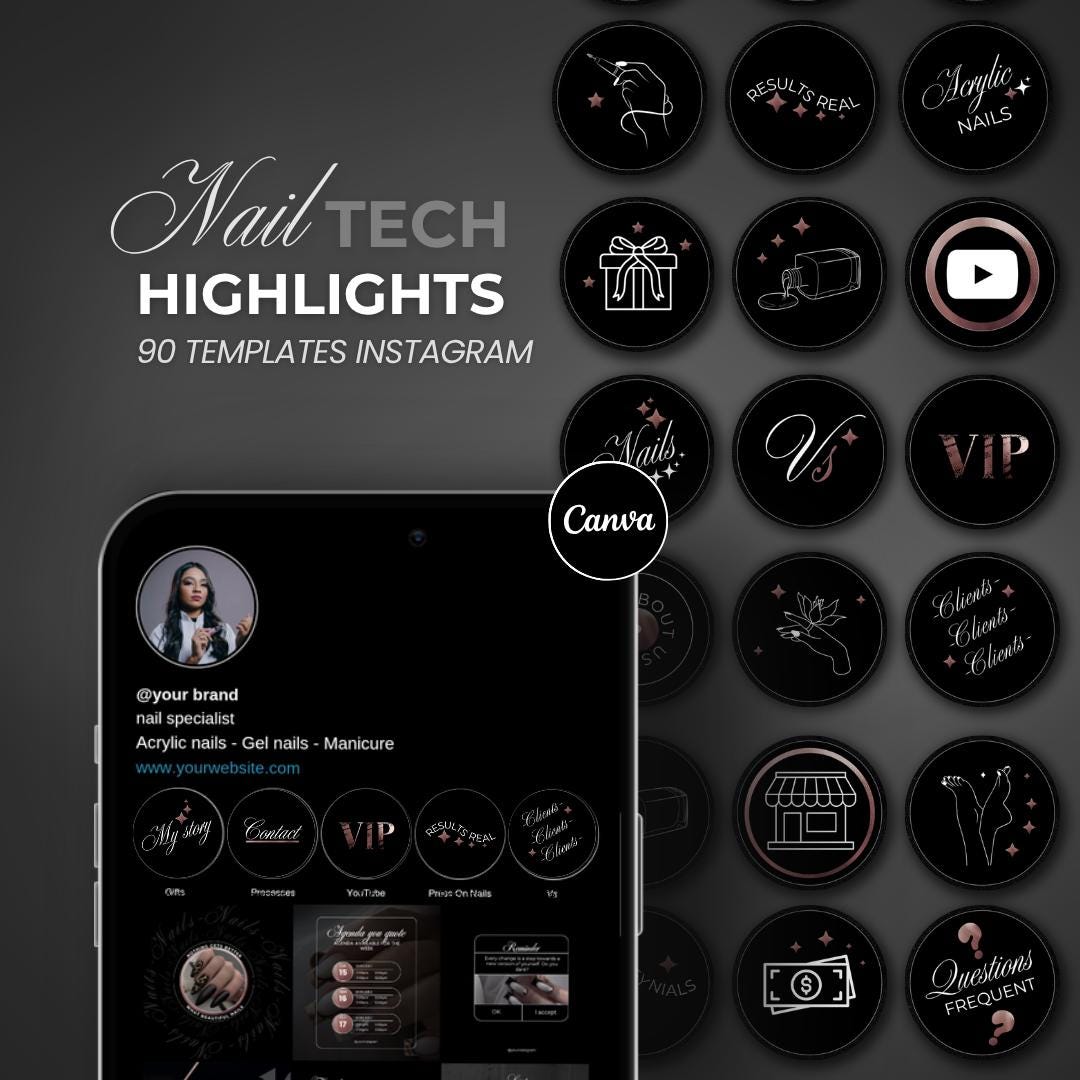 90 modelli di copertina per le storie in evidenza di Instagram per onicotecniche / Icone per le storie in evidenza color oro rosa e nero / Branding pe