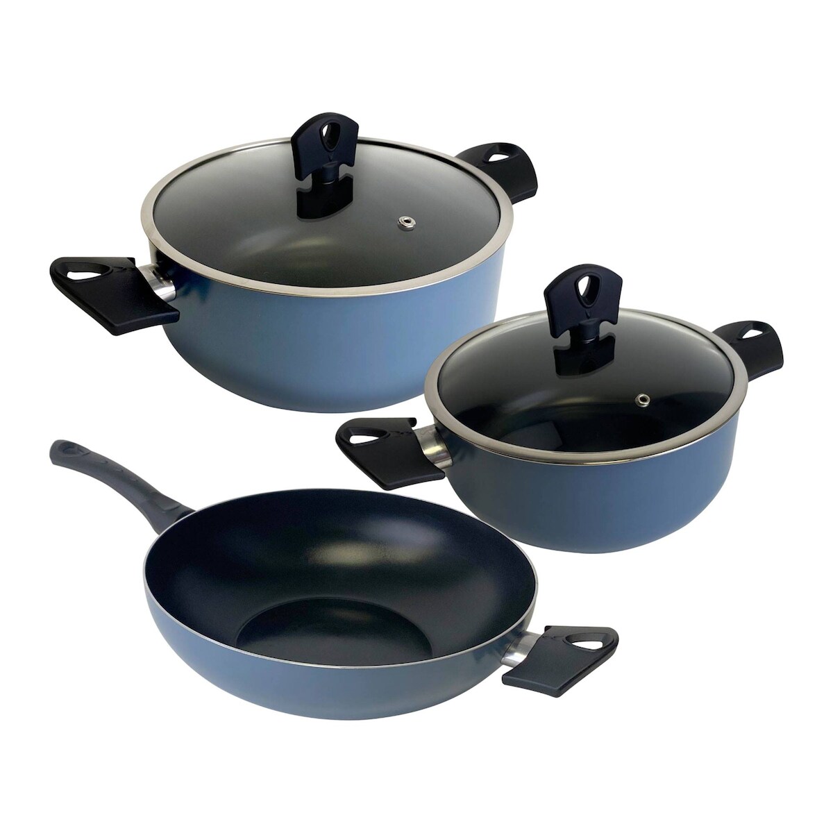 San Ignacio Noia - Set aus 2 Stielkasserollen (Ø 20/Ø 24cm) mit Deckel und Wok (Ø 30cm) aus gepresstem Aluminium, blau Image