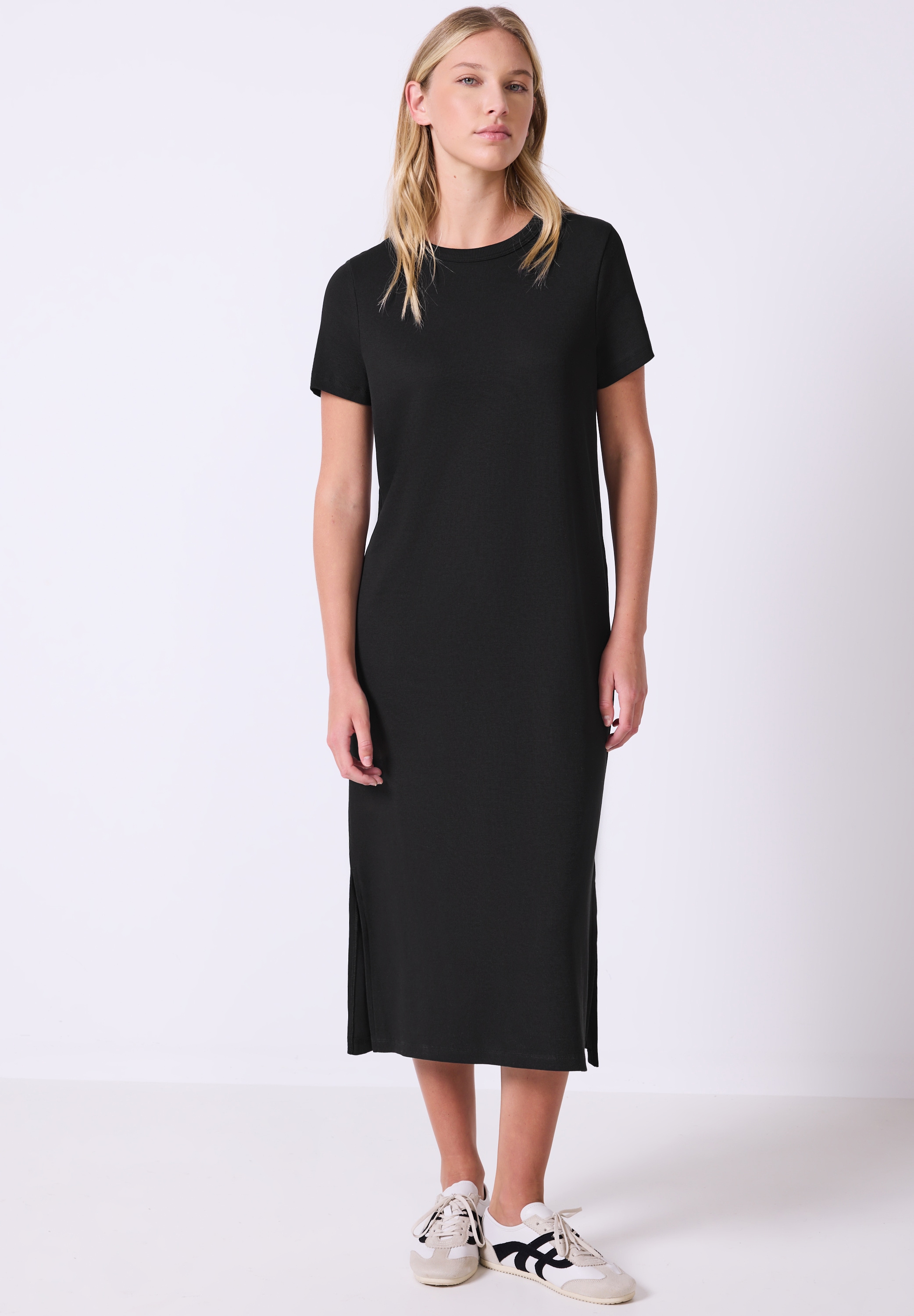 Midikleid STREET ONE STUDIO, Damen, Gr. 34, EURO-Größen, schwarz, Web, 95% Baumwolle, 5% Elasthan, unifarben, normal wadenlang, Rundhals, abgesteppt, Kleider Midikleid, mit Rundhalsausschnitt