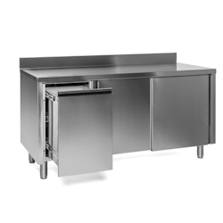 VM Europa Edelstahl Arbeitsschrank mit Abfallbehälter links, mit Zwischenboden - alle Größen montiert: 180 x 70 cm / mit Aufkantung / fertig montiert Image