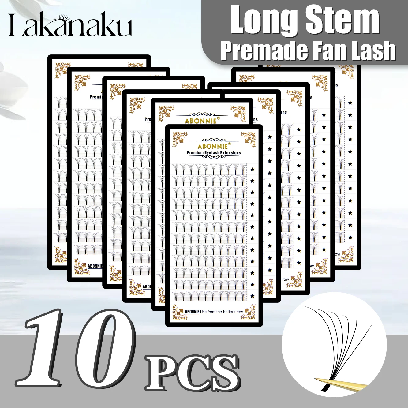 Abonnie 10 Hüllen Russische Volumen-Wimpernverlängerungen, Wimpernsträuße, Volumen, langer Stiel, weich, mattschwarz, vorgefertigte Verlängerung Image