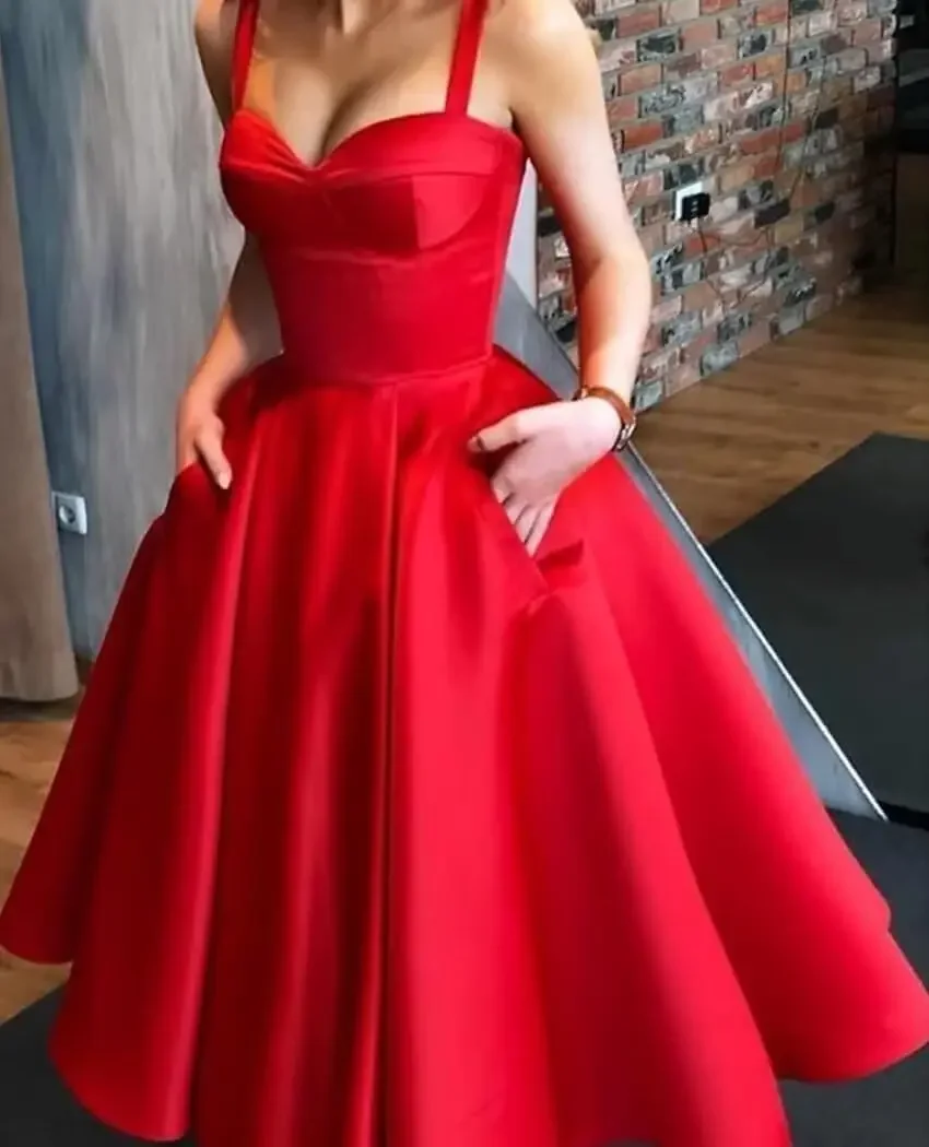 Abschlusskleid für Damen, Spaghettiträger, kurz, Satin, Abschlussball, Heimkehr, Teelänge, Ballkleid, A-Linie, Cocktailkleid mit Taschen Image