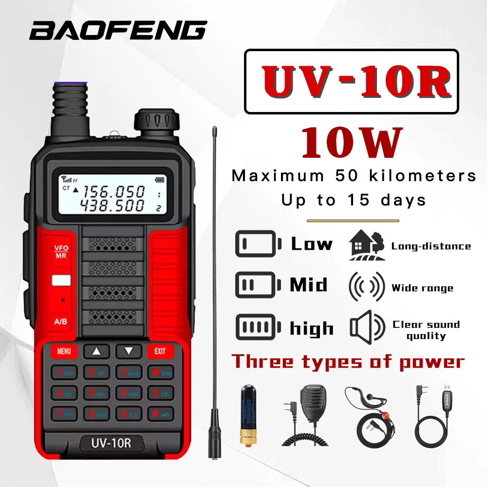 Baofeng Walkie Talkie UV-10R 10 W Tri-Mode High Power Dual Band Two Way CB Ham Radios 50 km Long Range Communication Transceiver Image
