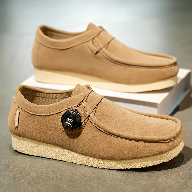 Retro Khaki Casual Herrenschuhe Größe 39-45 Knopf Plattform Wildleder Loafer Mann Plateauschuhe Komfort Low Cut Fahrschuhe für Männer