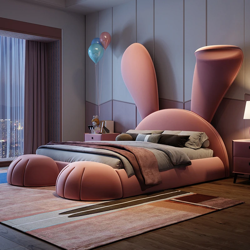 Rahmen Kopfteil King Size Home Doppelbett Mädchen Hasenohren Modernes Kinderbett 150x200cm Queen Kinderbetten Schlafzimmermöbel