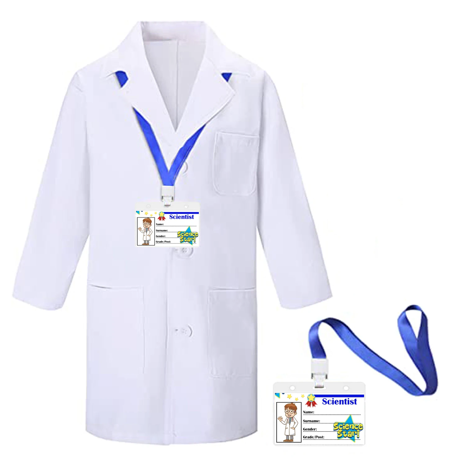 Weißer Laborkittel für Kinder, Ärztermantel mit Karte, Jungen- und Mädchen-Baumwoll-Wissenschaftler-Kostüm, Cosplay-Kostüme für Kinder, Studenten Image