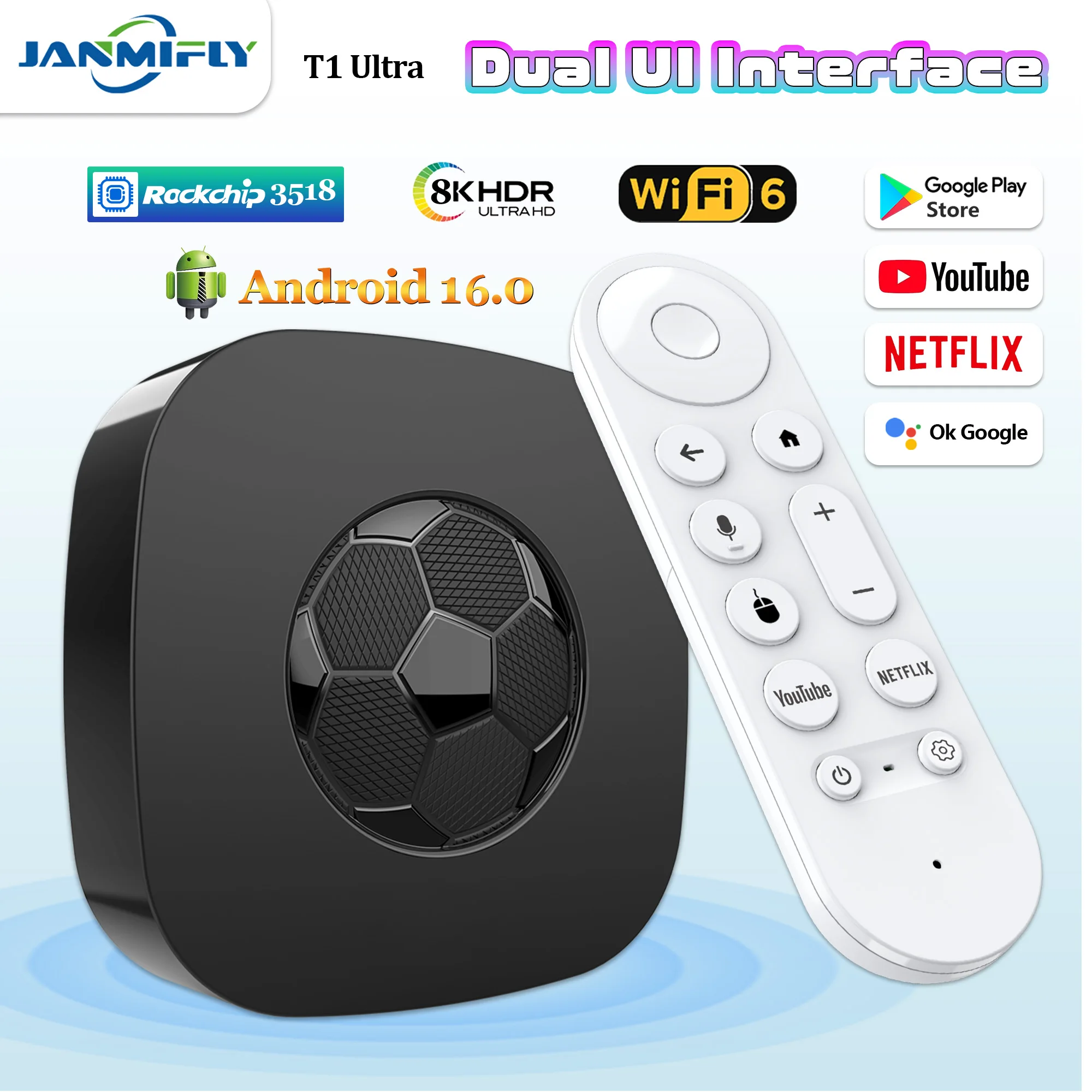 2025 Neue T1 Ultra Smart TV Box Android 16 Rockchip RK3518 8G128 GB Dual-Band WiFi 6 Bluetooth 5,2 Google Voice Remote Media Player Image