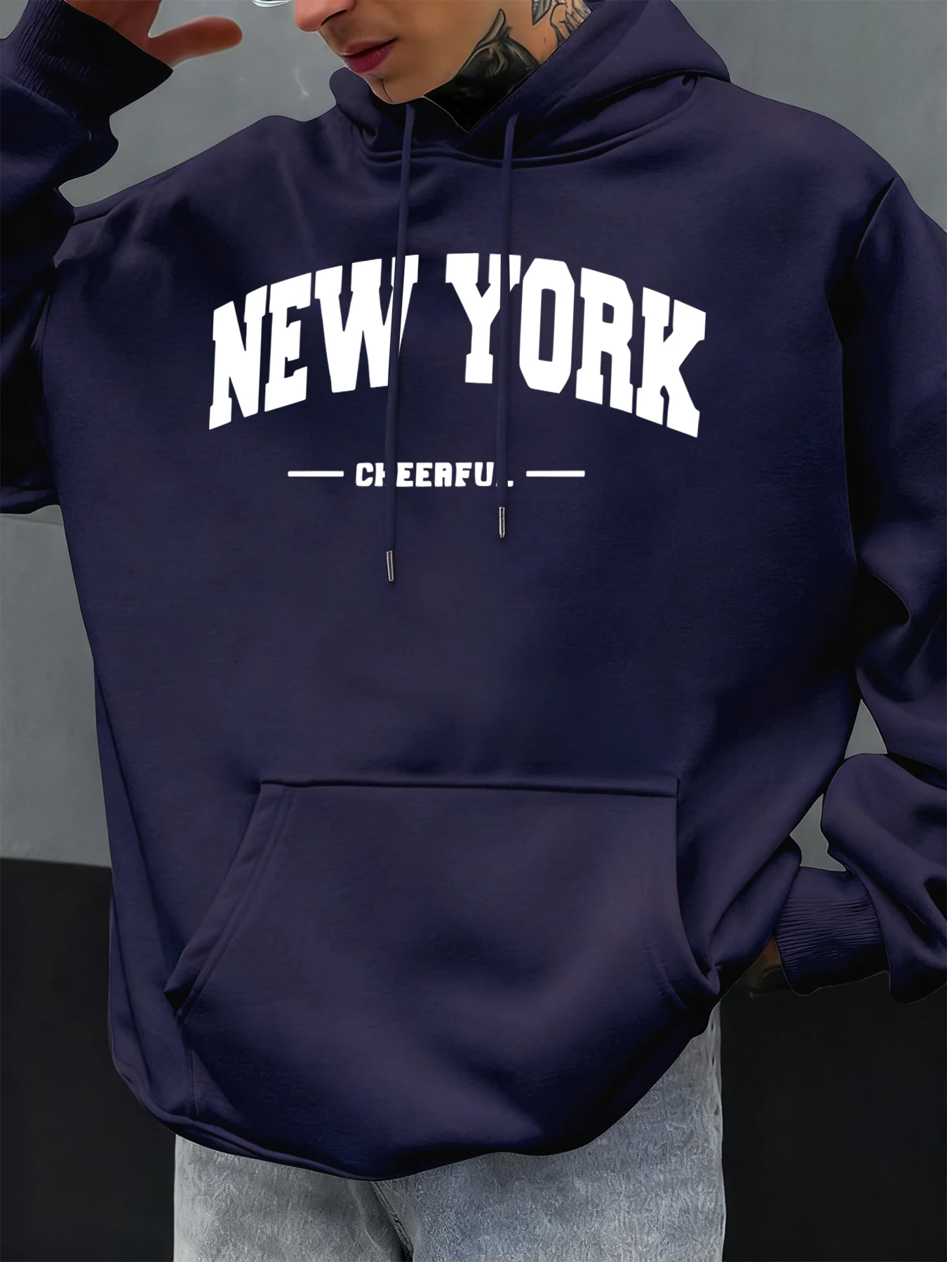 New York Cheerful Bedruckter Herren-Kapuzenpullover, Street-Fashion-Kapuzenpullover, Fleece, Hip-Hop-Sportbekleidung, Übergröße, weiches Oberteil, Taschenkleidung für Herren