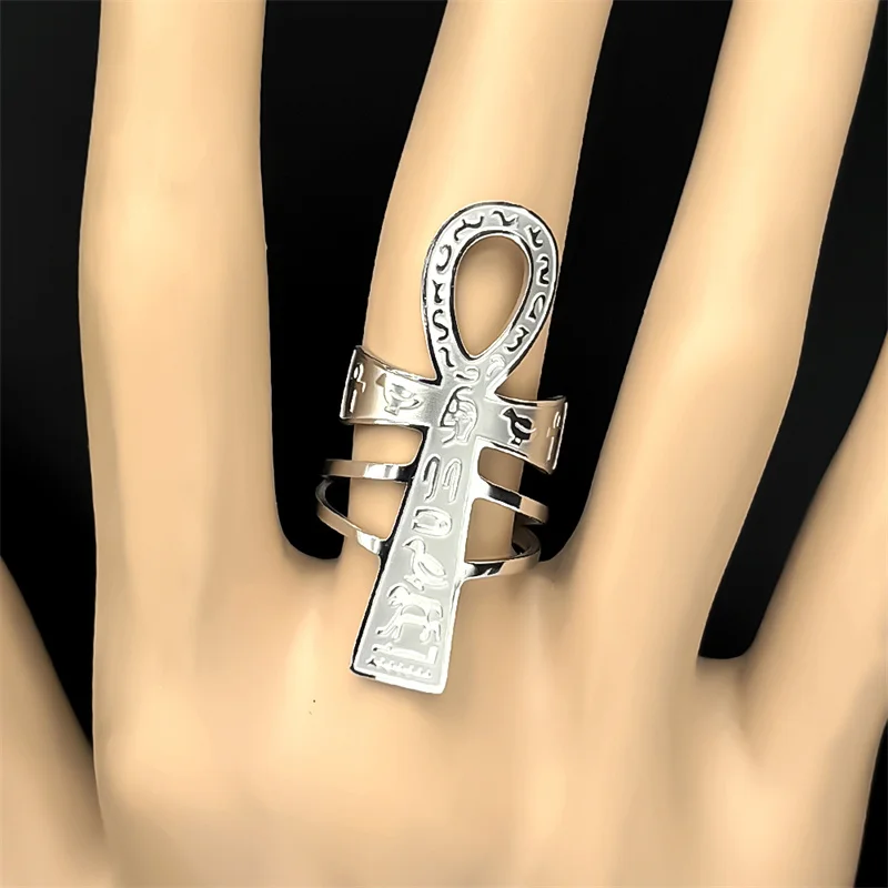 Ägyptisches Ankh-Kreuz, Schlüssel des Lebens, verstellbare offene Ringe für Damen und Herren, Edelstahl, Mythologie, Tier, Rune, Fingerring, Schmuck Image