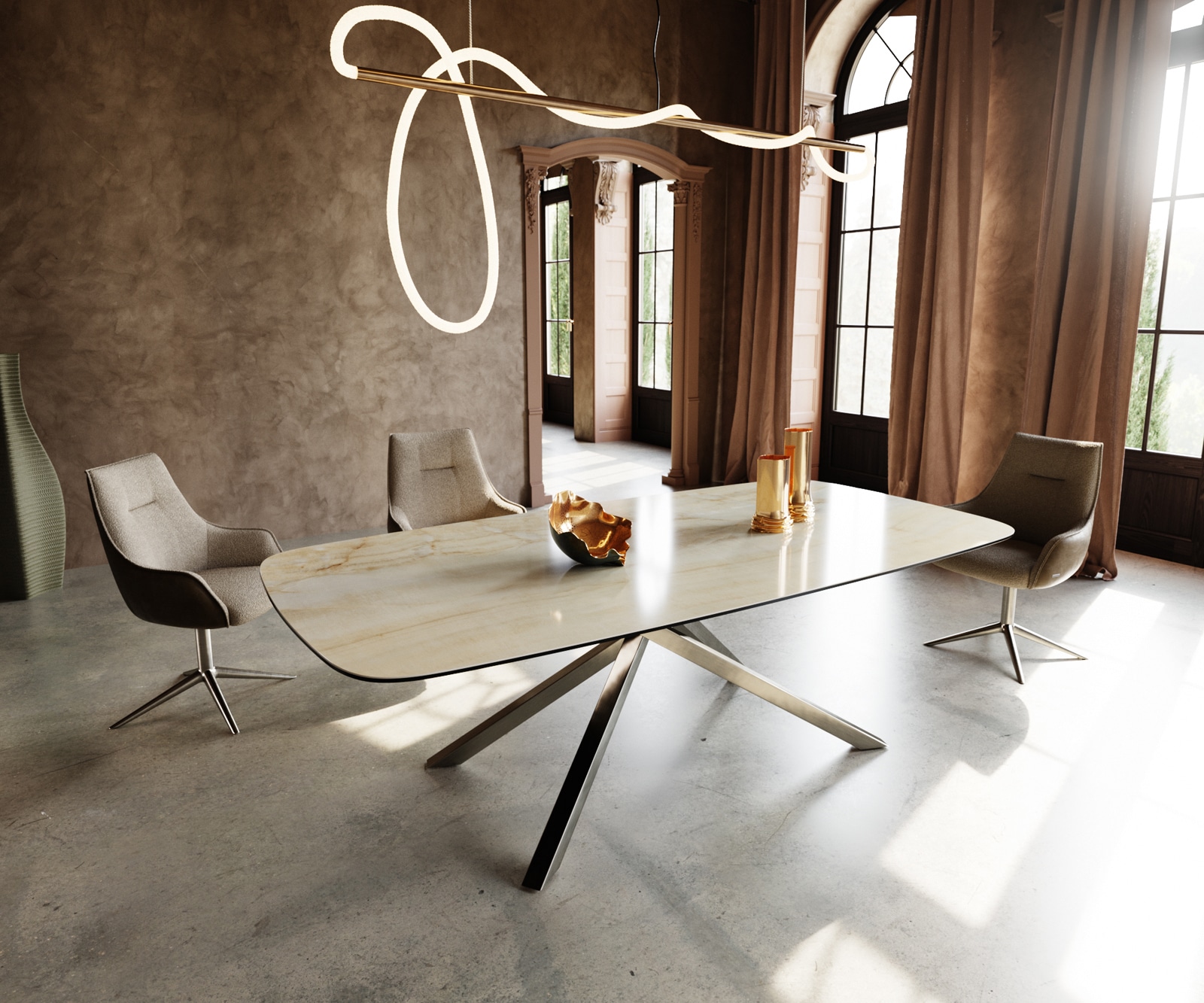 DELIFE Esstisch Edge Boot 240x120 cm Keramik Iris FMG Onice Oro Kreuzgestell Rechteck Edelstahl, Esstische Image