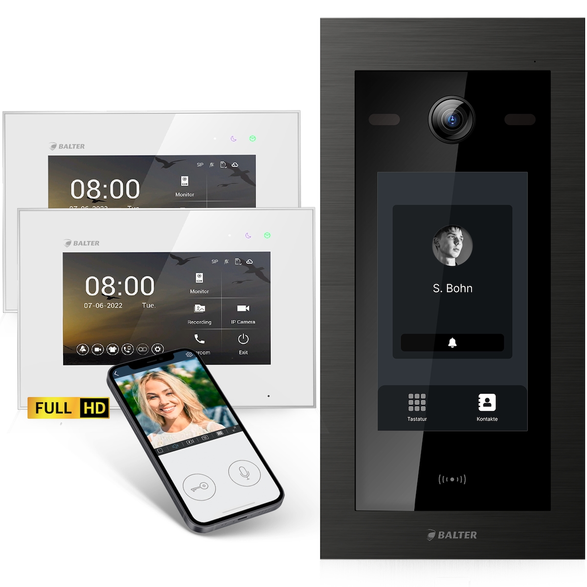 HD Video Türsprechanlage mit Touchscreen und RFID für 2 Familienhaus, 2x Monitore, Balter EVO HD Touch Schwarz Image