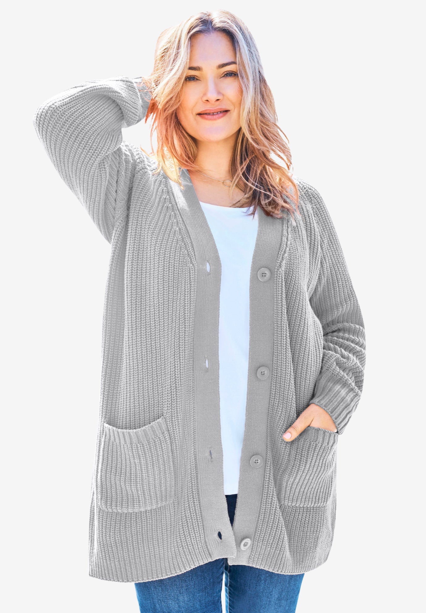 Plus Size Women's Button-Front Shaker Cardigan Sweater by Woman Within in Heather Grey (Size 3X)