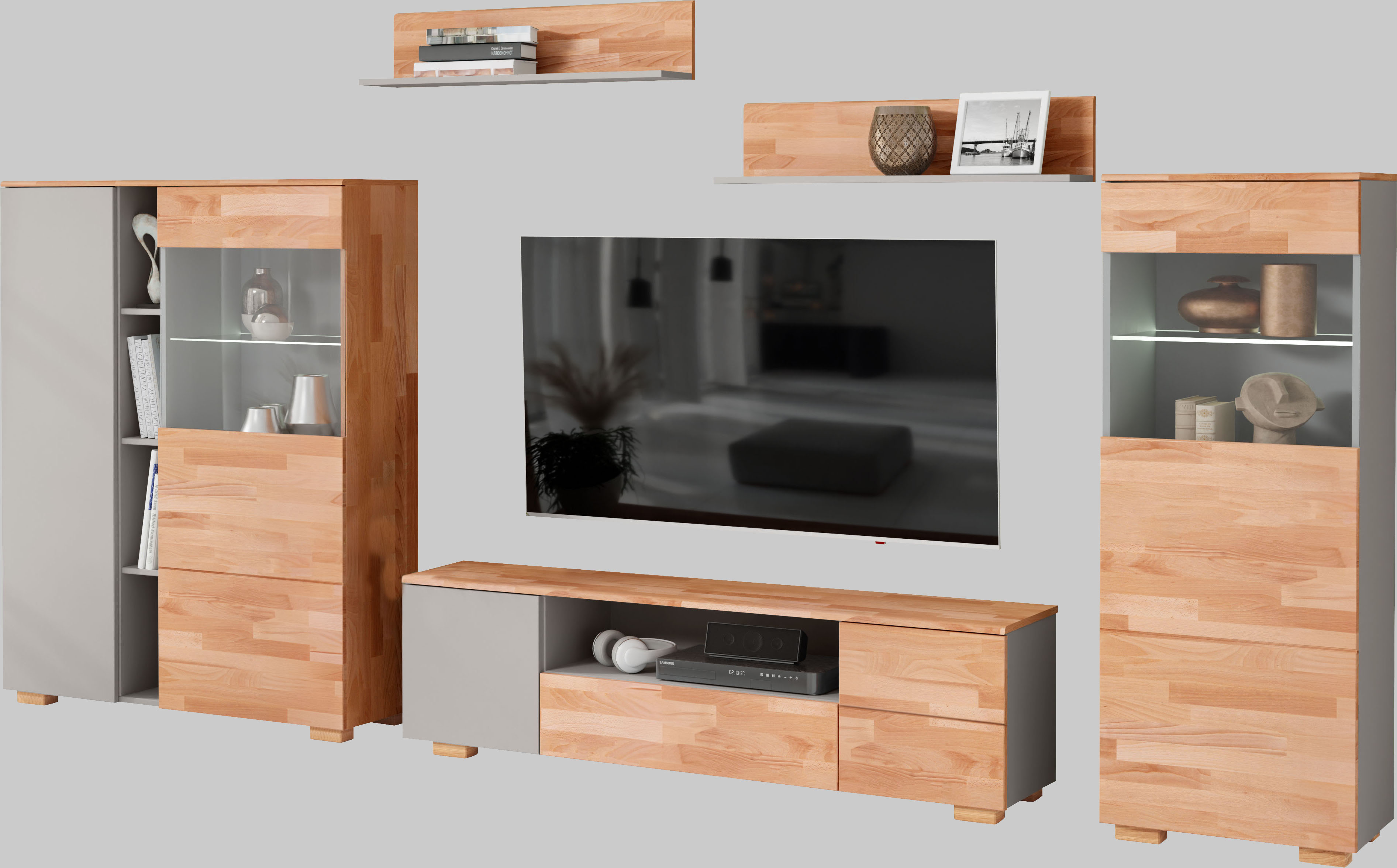 Wohnwand HOME AFFAIRE, braun (braun und grau), B:330cm H:145cm T:35cm, Holzwerkstoff, Massivholz, Kastenmöbel-Sets, Wohnwand, schöne moderne Optik