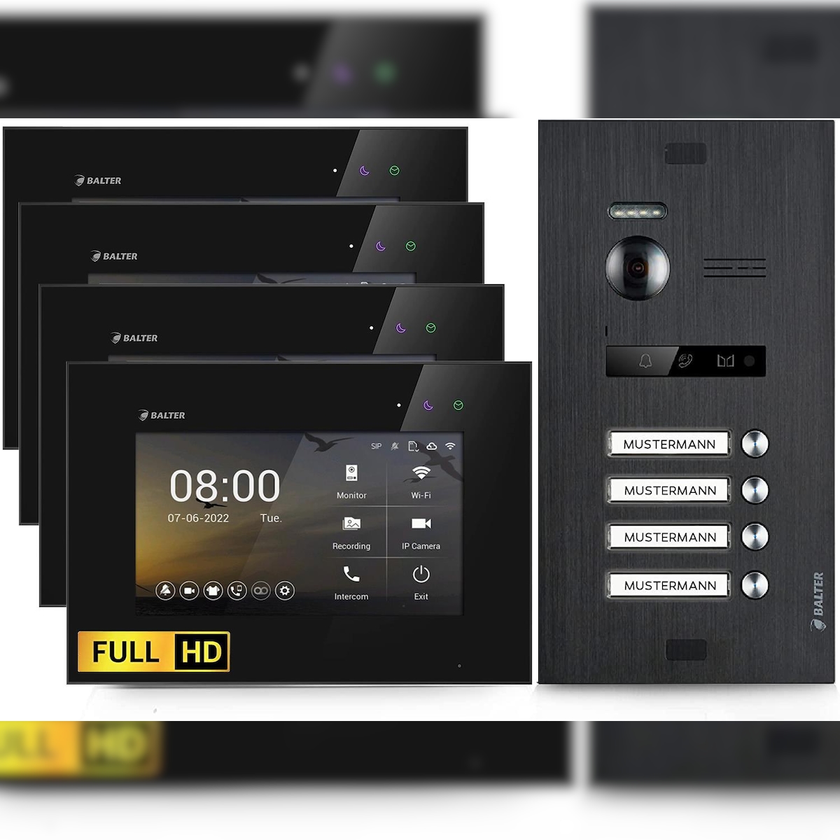 HD Video Türsprechanlage für 4 Familienhaus, 4x Monitor, Balter EVO HD Black Image