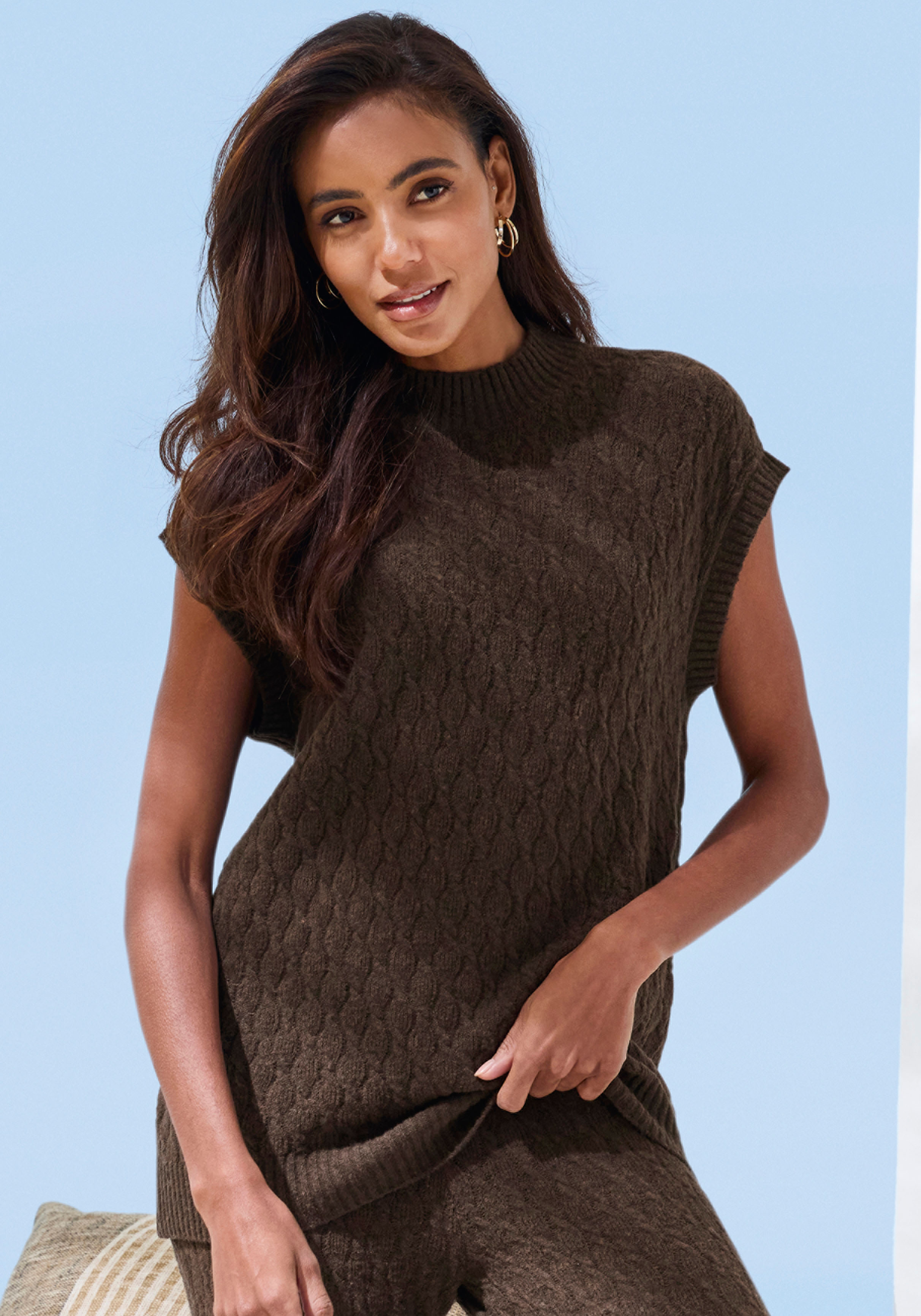 Pullunder FRENCH CONNECTION, Damen, Gr. 32/34, braun, Strick, Obermaterial: 33% Nylon, 32% Polyacryl, 30% Baumwolle, 5% Elasthan, Zopfmuster, figurumspielend hüftlang, Rundhals, Pullover Pullunder