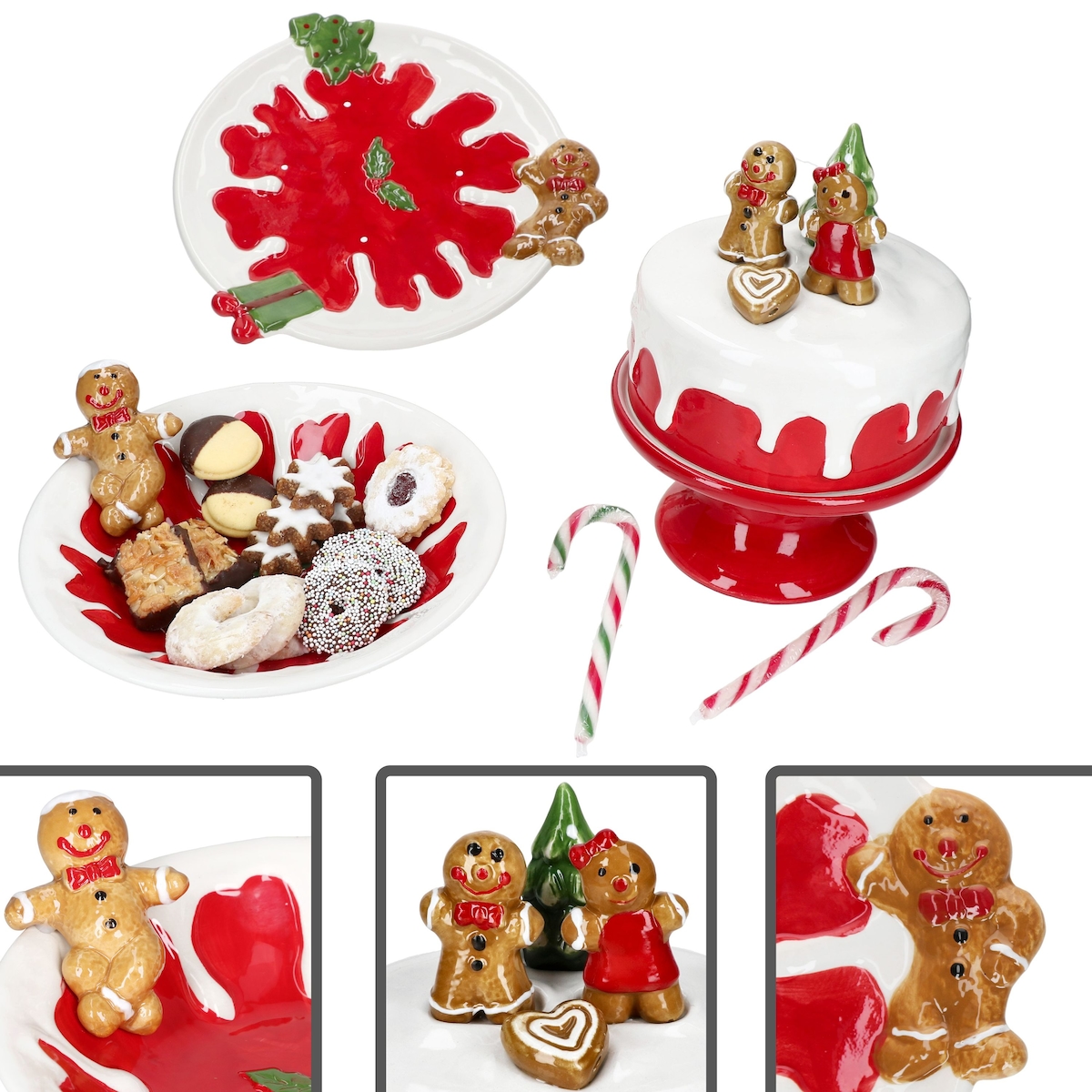 3tlg Set Weihnachtsstern Teller Schale Mini-Tortenplatte Steingut Rot Lebkuchen Image