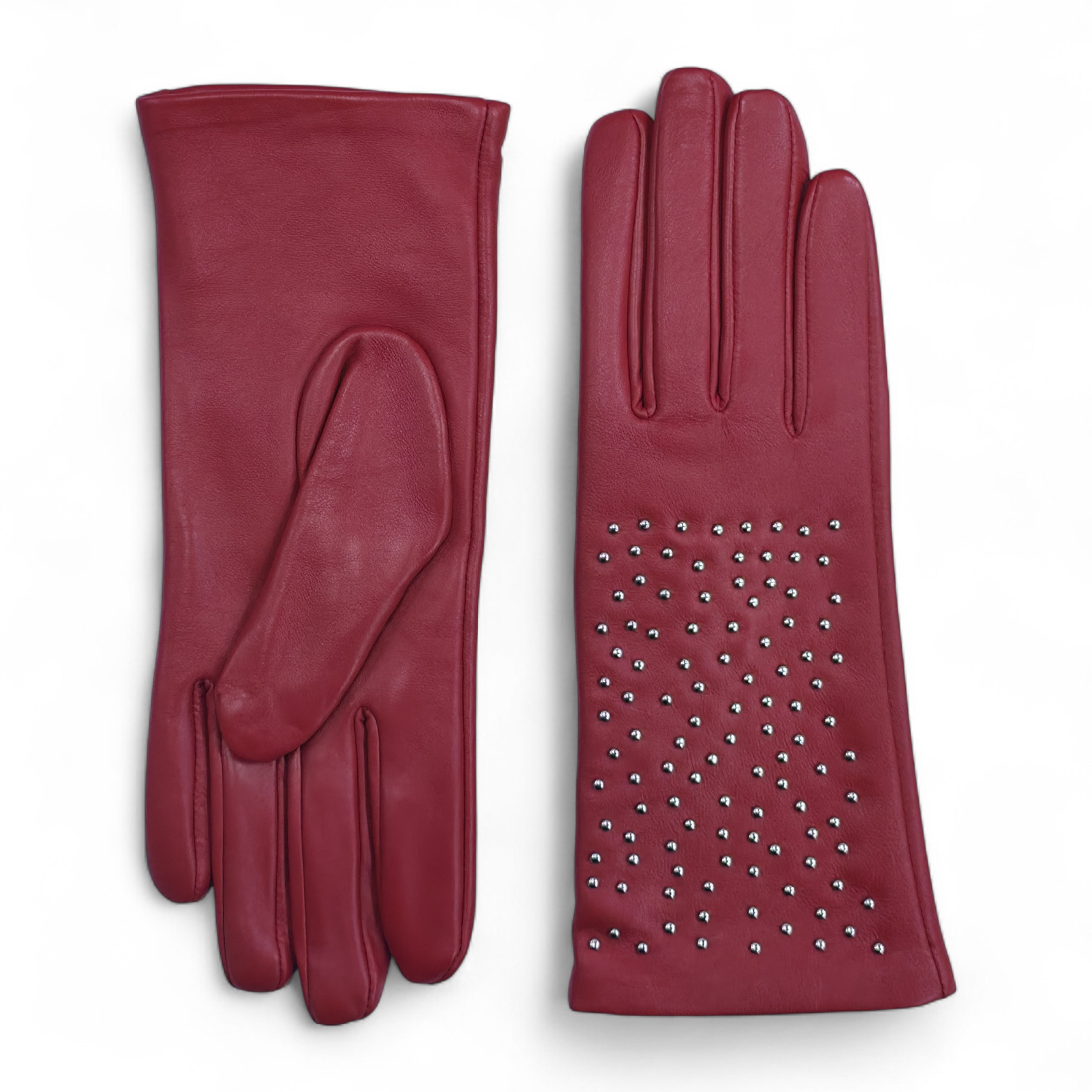 Rote italienische Leder-Fahrhandschuhe für Damen mit weichem Wollfutter, Winterdesign und Nietenbesatz Image