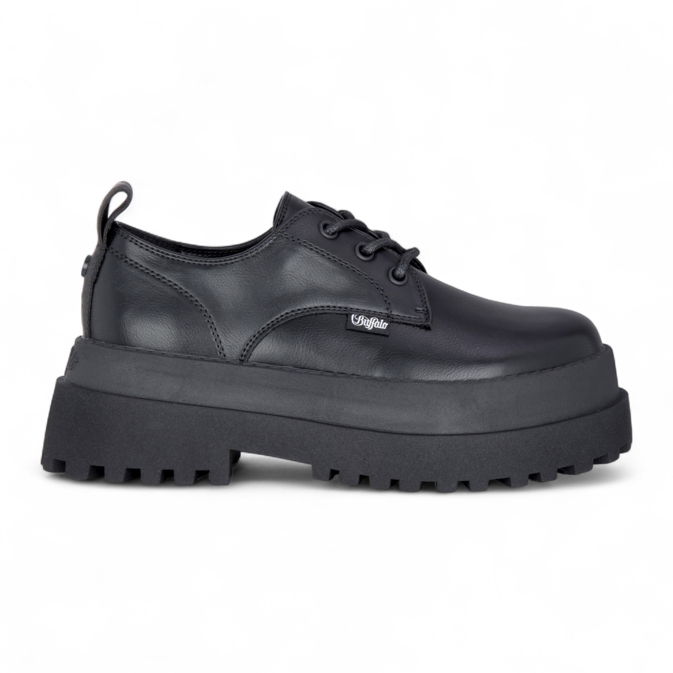 Buffalo Damen-Derbyschuhe, schwarz, mit Schnürung und Plateau – Pluto
