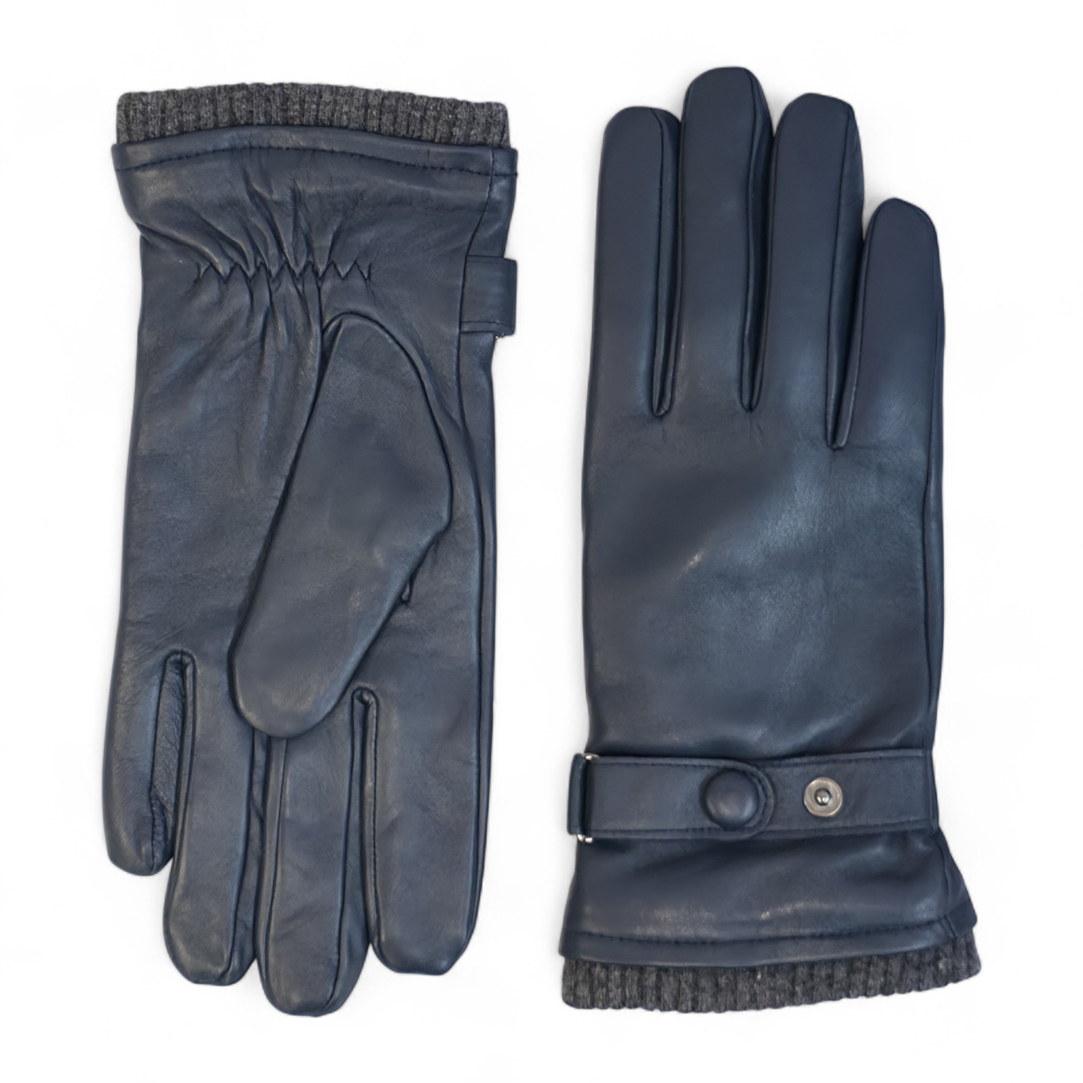 Herrenhandschuhe aus marineblauem italienischem Leder mit warmem Wollfutter, ideal für Winter, Radfahren, Autofahren und Freizeit. Image